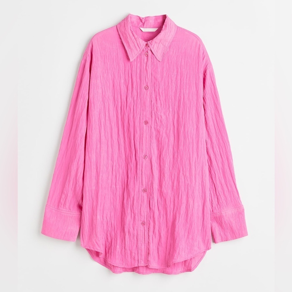 H&M Hot Pink Crinkled Chiffon Long Sleeve Button Down Shirt Size Small NWT